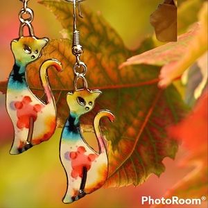 5 handmade pair of enamel colorful cat charm earrings with gold hooks.